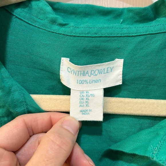 Cynthia Rowley 100% Linen Green Button Down Top Sz XL Boxy Cropped Pocket Preppy - Picture 3 of 9